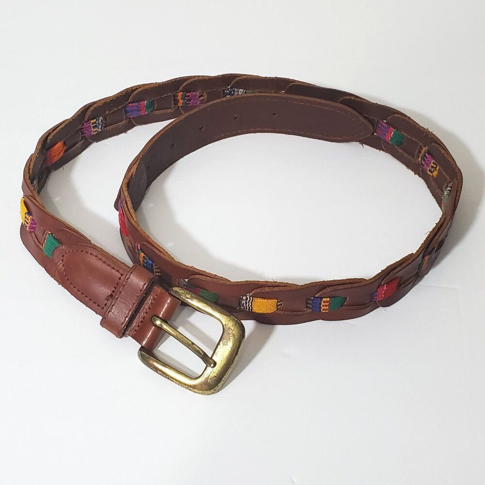 Vintage Leather Woven Belt Large Brown Needlepoint Guatemala Southwestern